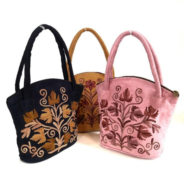 Suede Basket Bag — Kashmiri embroidered suede