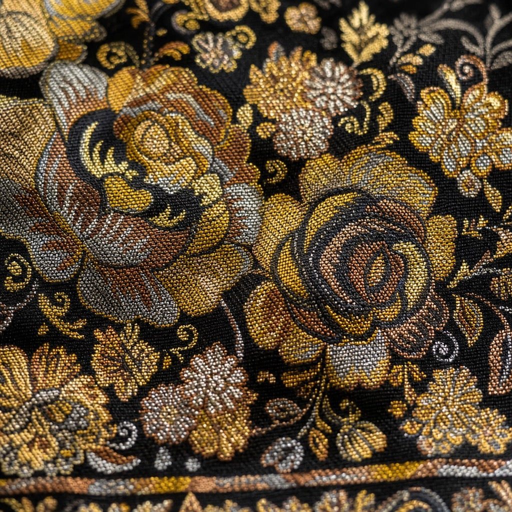 Cashmere Wool Jamawar — Black Gold Floral — detail