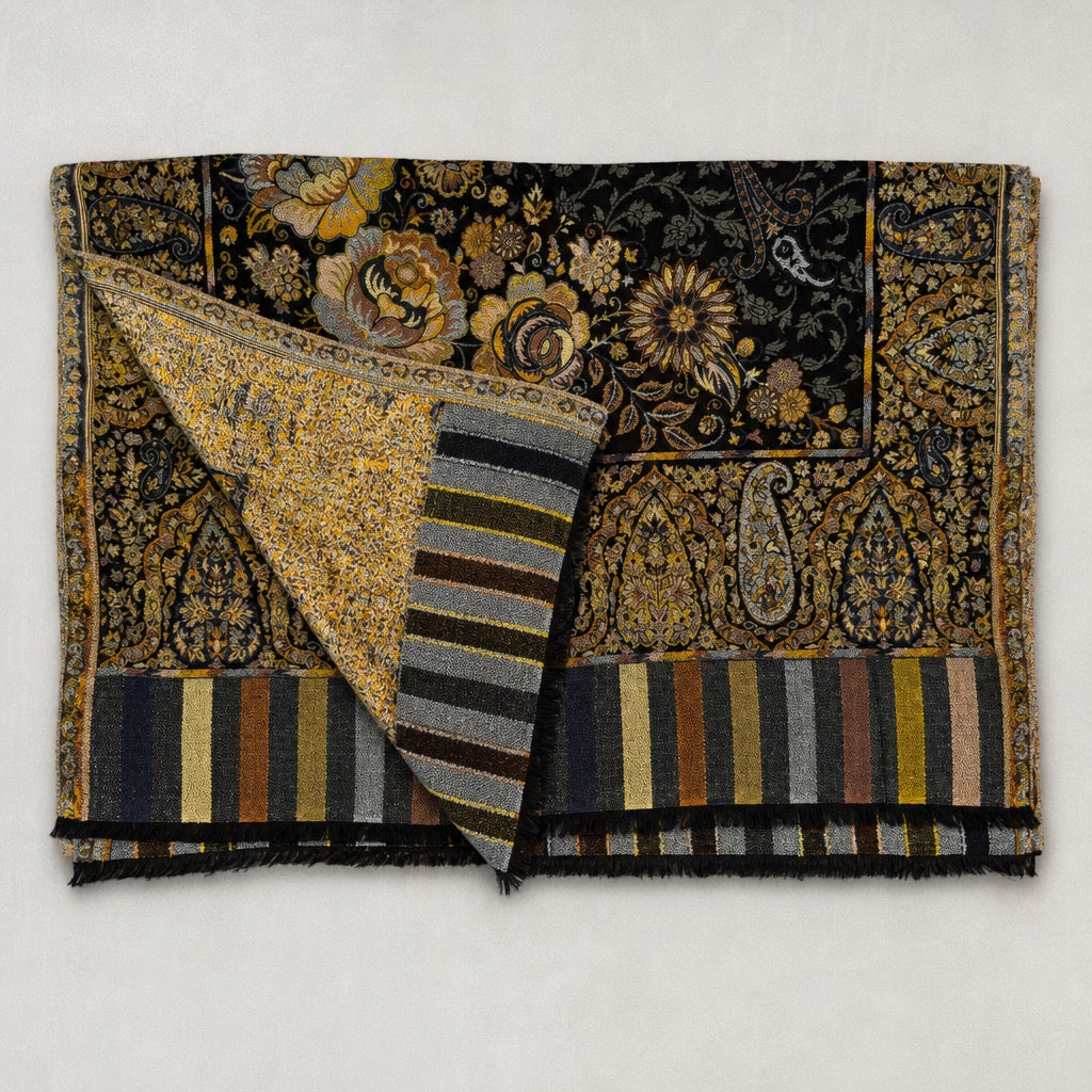 Cashmere Wool Jamawar — Black Gold Floral — folded