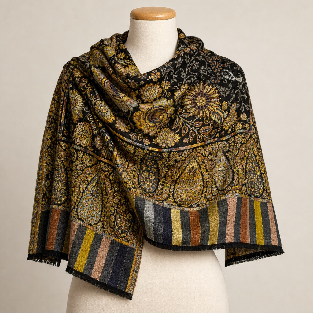 Cashmere Wool Jamawar — Black Gold Floral — on mannequin
