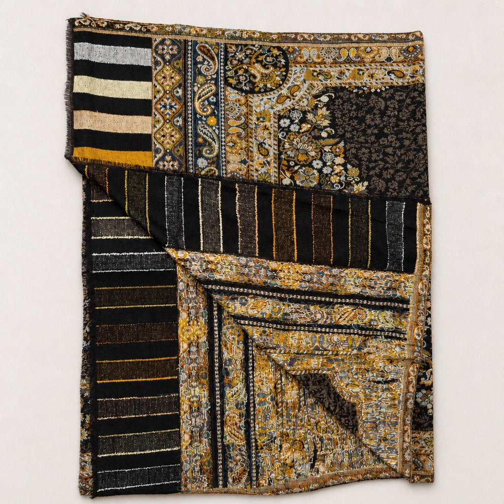 Cashmere Wool Jamawar — Black Metallic Stripe — folded