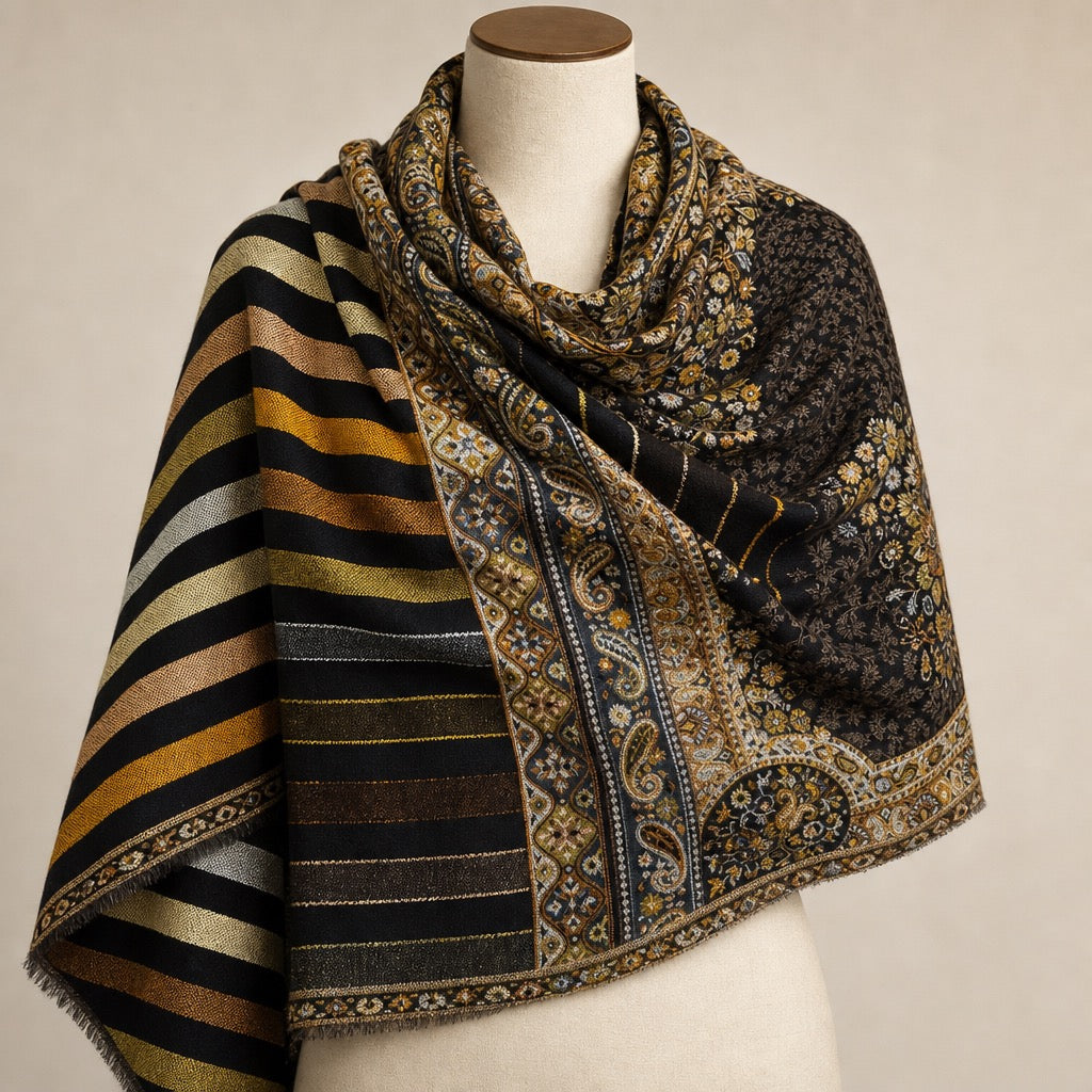 Cashmere Wool Jamawar — Black Metallic Stripe — on mannequin