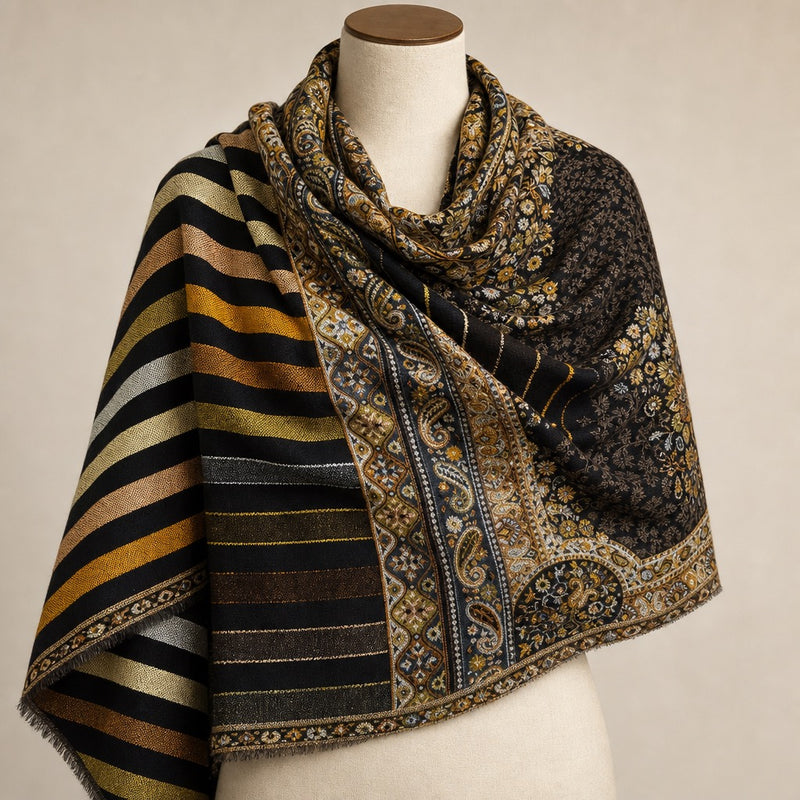 Cashmere Wool Jamawar — Black Metallic Stripe — on mannequin