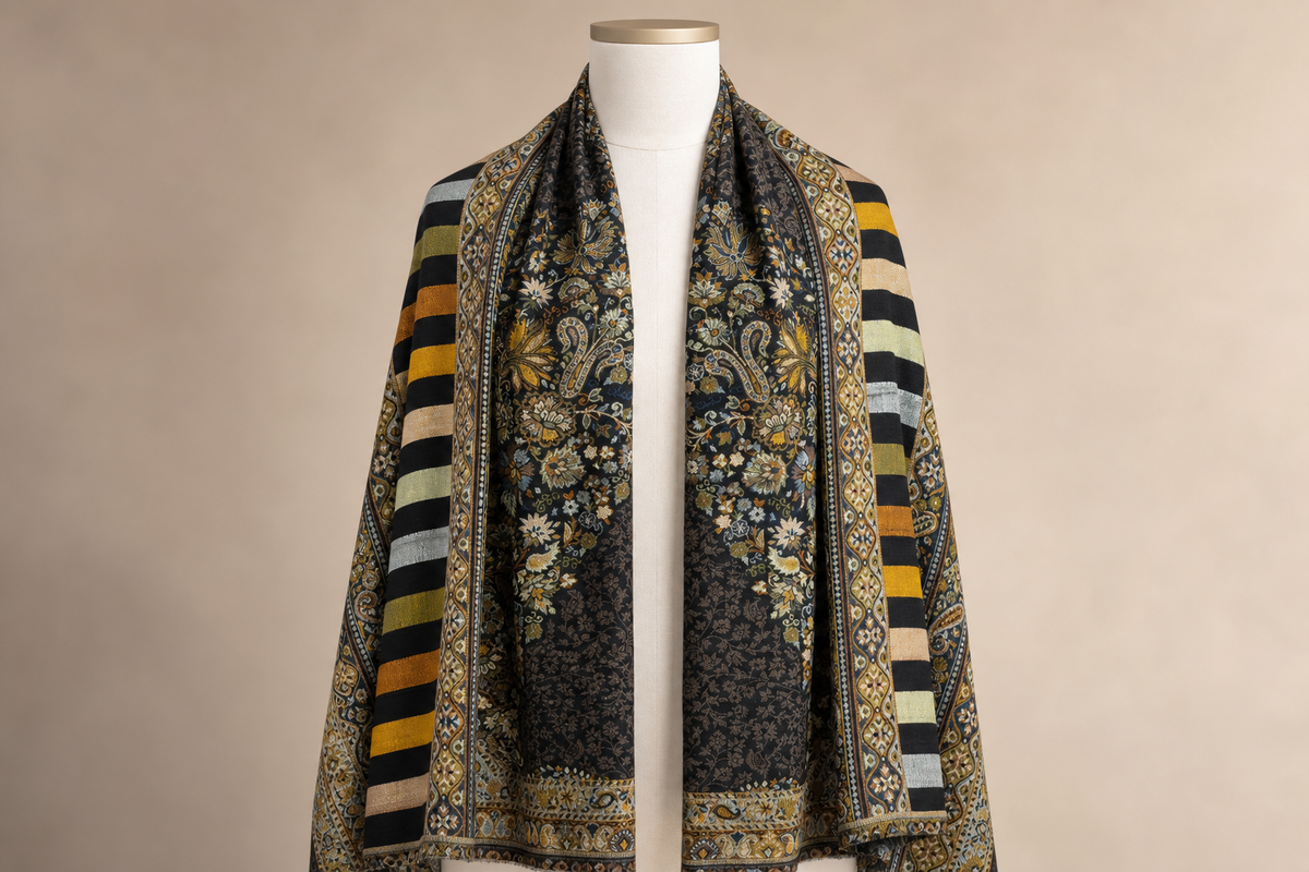 Cashmere Wool Jamawar — Charcoal Bouquet Stripe on mannequin