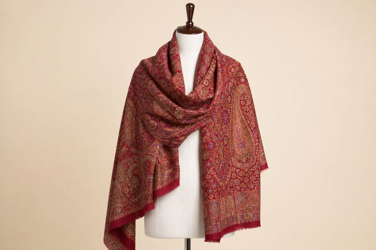 Cashmere Wool Jamawar — Crimson Paisley on mannequin