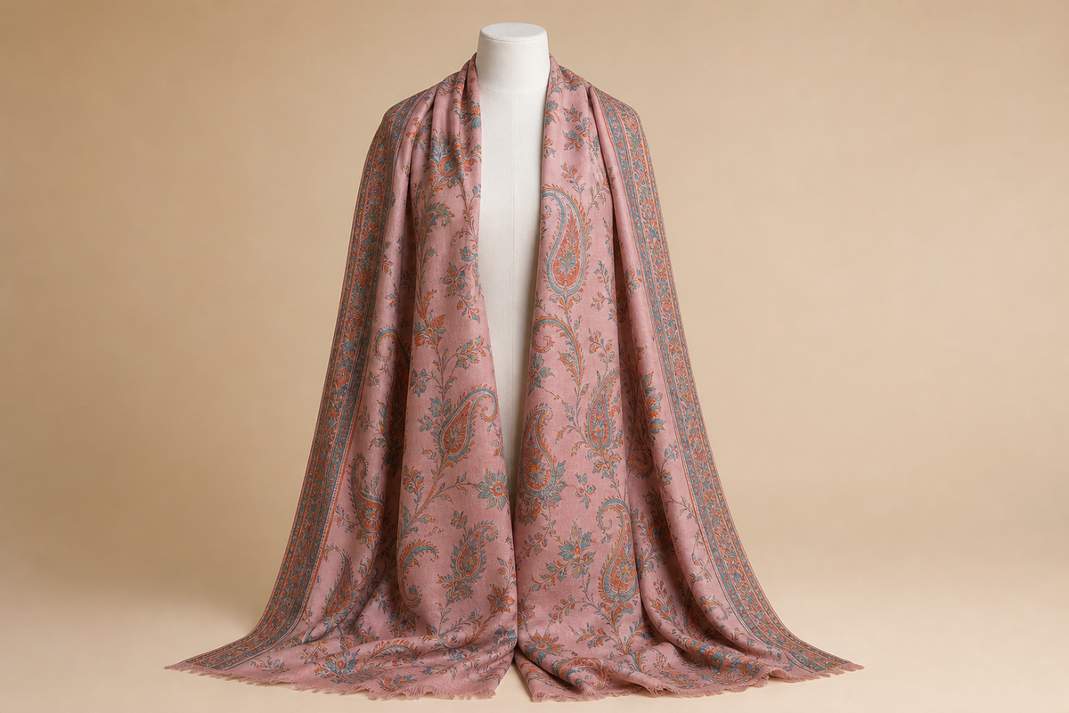 Cashmere Wool Jamawar — Dusty Rose Paisley on mannequin