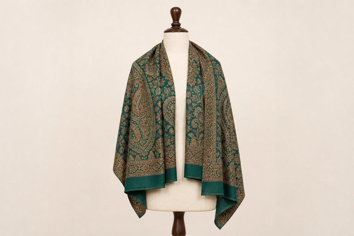 Cashmere Wool Jamawar — Emerald Motif on mannequin