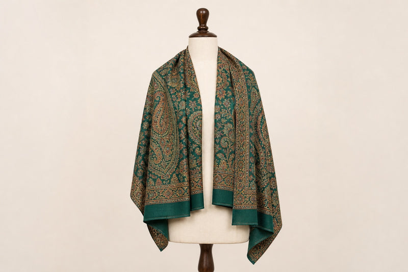 Cashmere Wool Jamawar — Emerald Motif on mannequin
