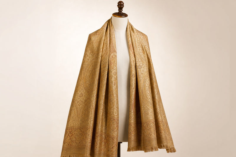 Cashmere Wool Jamawar — Gold Brocade on mannequin