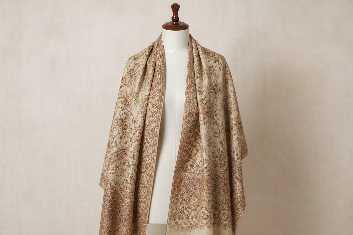 Cashmere Wool Jamawar — Ivory Heritage on mannequin