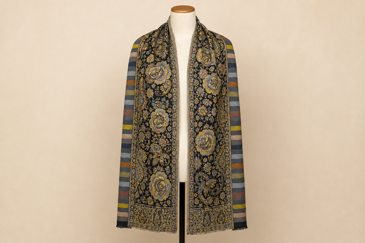 Cashmere Wool Jamawar — Midnight Floral Tapestry on mannequin
