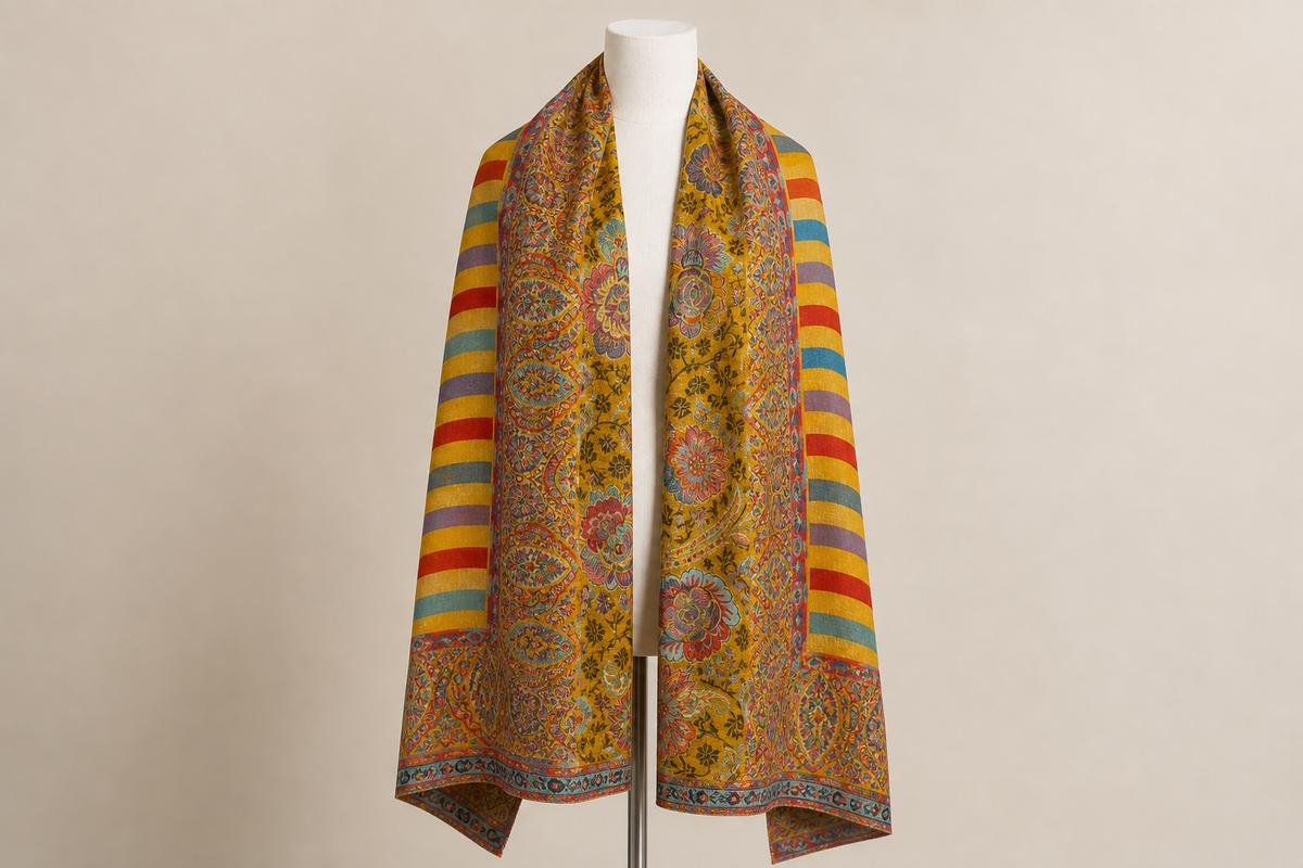 Cashmere Wool Jamawar — Mustard Floral Brocade on mannequin