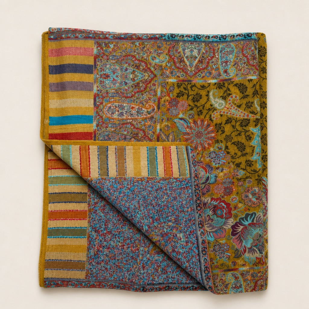 Cashmere Wool Jamawar — Mustard Floral — folded