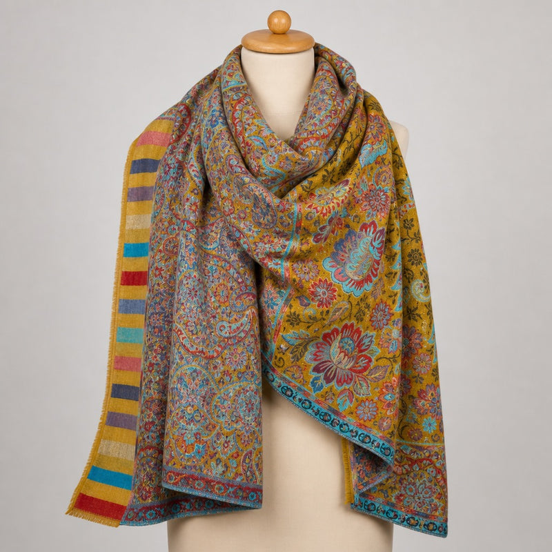 Cashmere Wool Jamawar — Mustard Floral — on mannequin