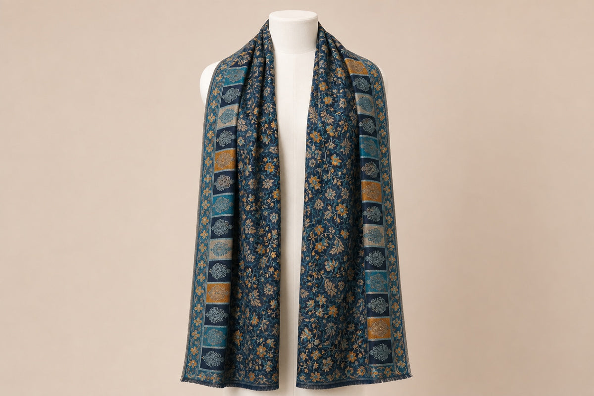 Cashmere Wool Jamawar — Navy Jaal Border on mannequin