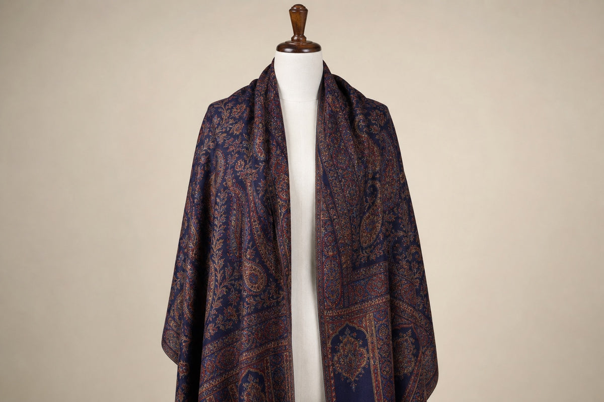 Cashmere Wool Jamawar — Navy Paisley on mannequin