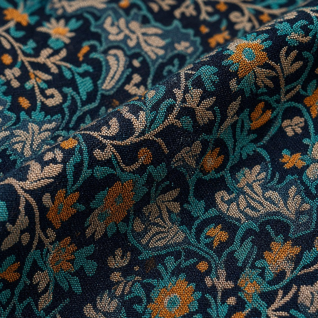 Cashmere Wool Jamawar — Navy Teal Floral — detail