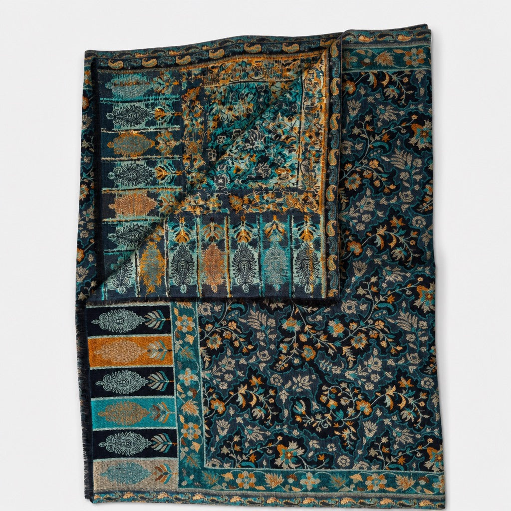 Cashmere Wool Jamawar — Navy Teal Floral — folded