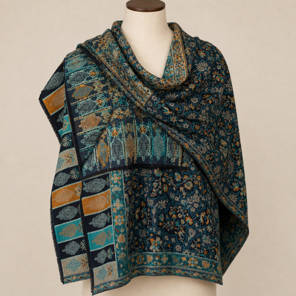 Cashmere Wool Jamawar — Navy Teal Floral — on mannequin