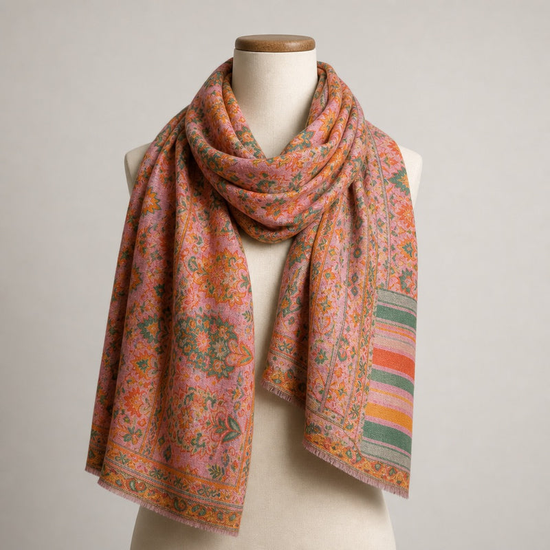 Cashmere Wool Jamawar — Pink Paisley — on mannequin