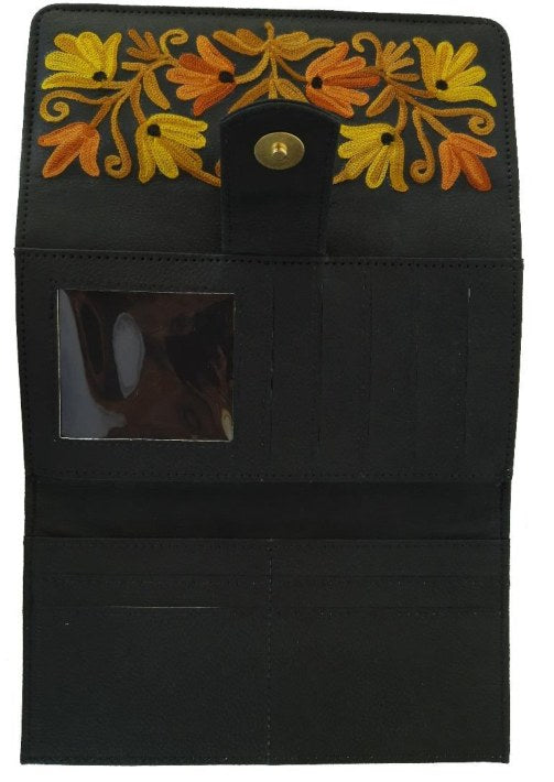 Leather Double Side Wallet — Kashmiri embroidered leather