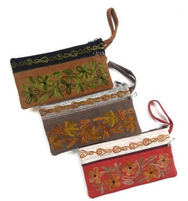 Leather Eight Inch Three Zip Purse — Kashmiri embroidered leather