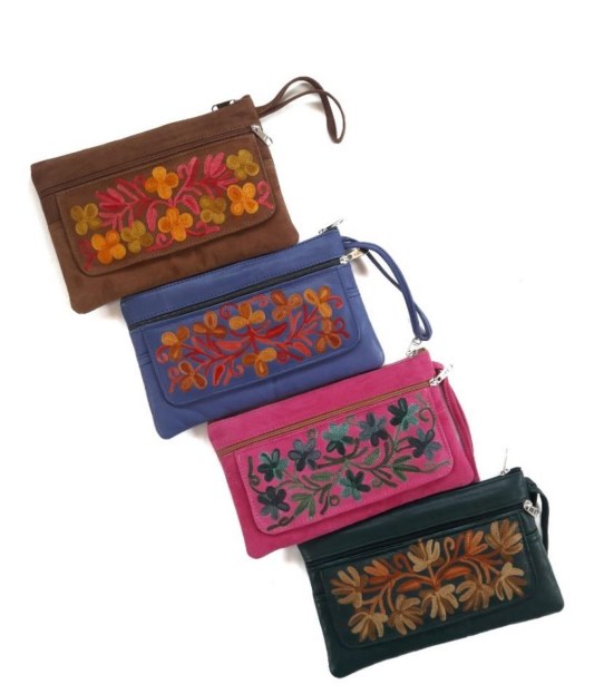 Leather Eight Inch Zip Flap Purse — Kashmiri embroidered leather