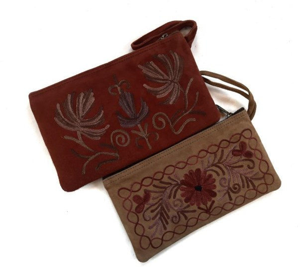 Suede Eight Inch Zip Purse — Kashmiri embroidered suede
