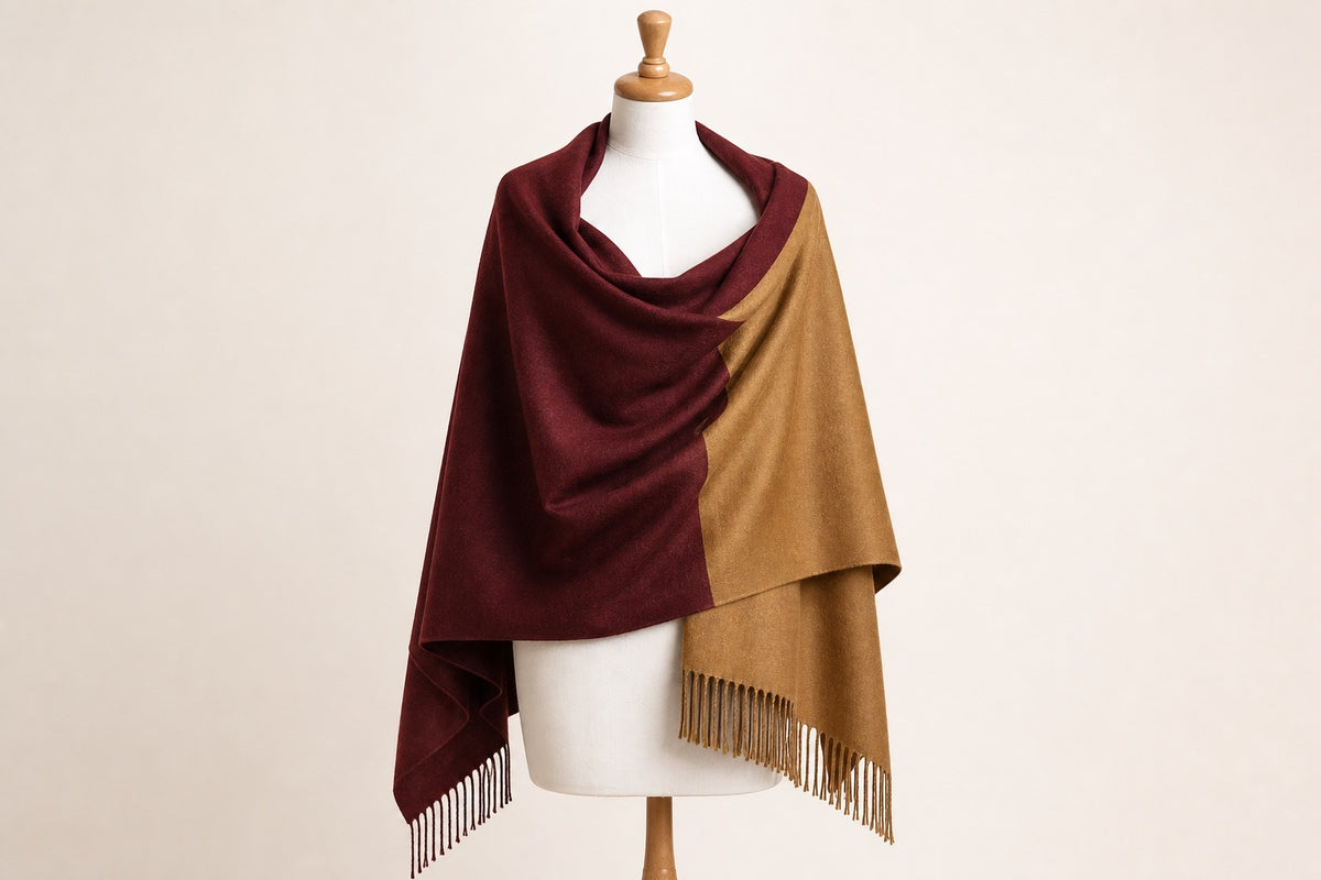 Fine Wool Double Shade — Burgundy & Gold on mannequin