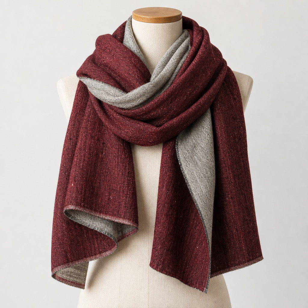Fine Wool Double Shade — Burgundy & Silver — on mannequin