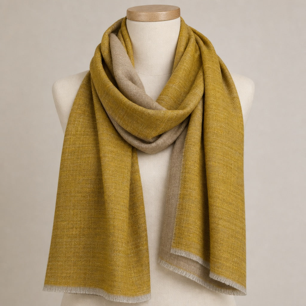 Fine Wool Double Shade — Mustard & Beige — on mannequin