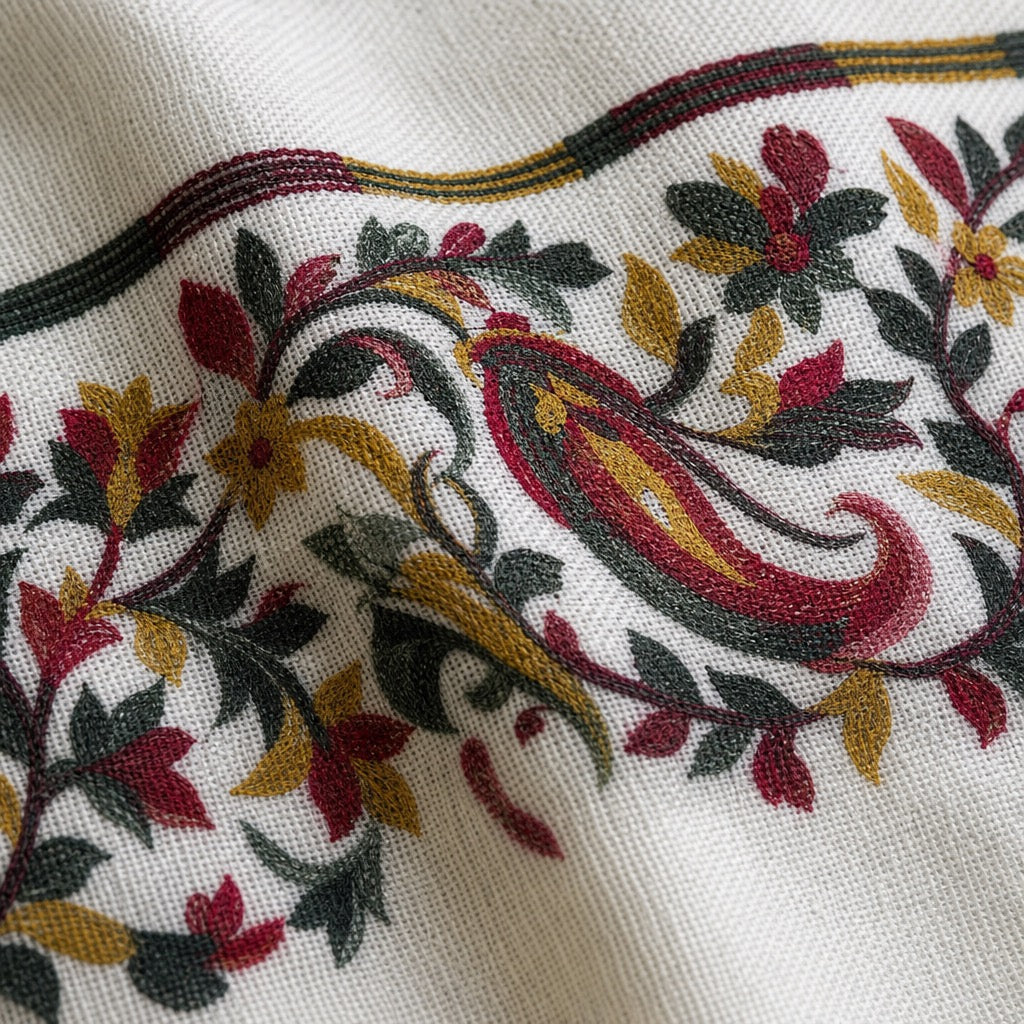 Fine Wool Palla — Cream Red Green — detail
