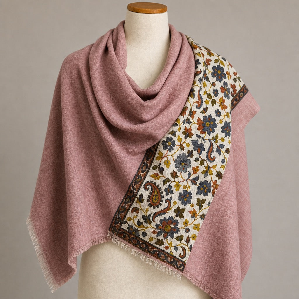 Fine Wool Palla — Dusty Rose Floral — on mannequin