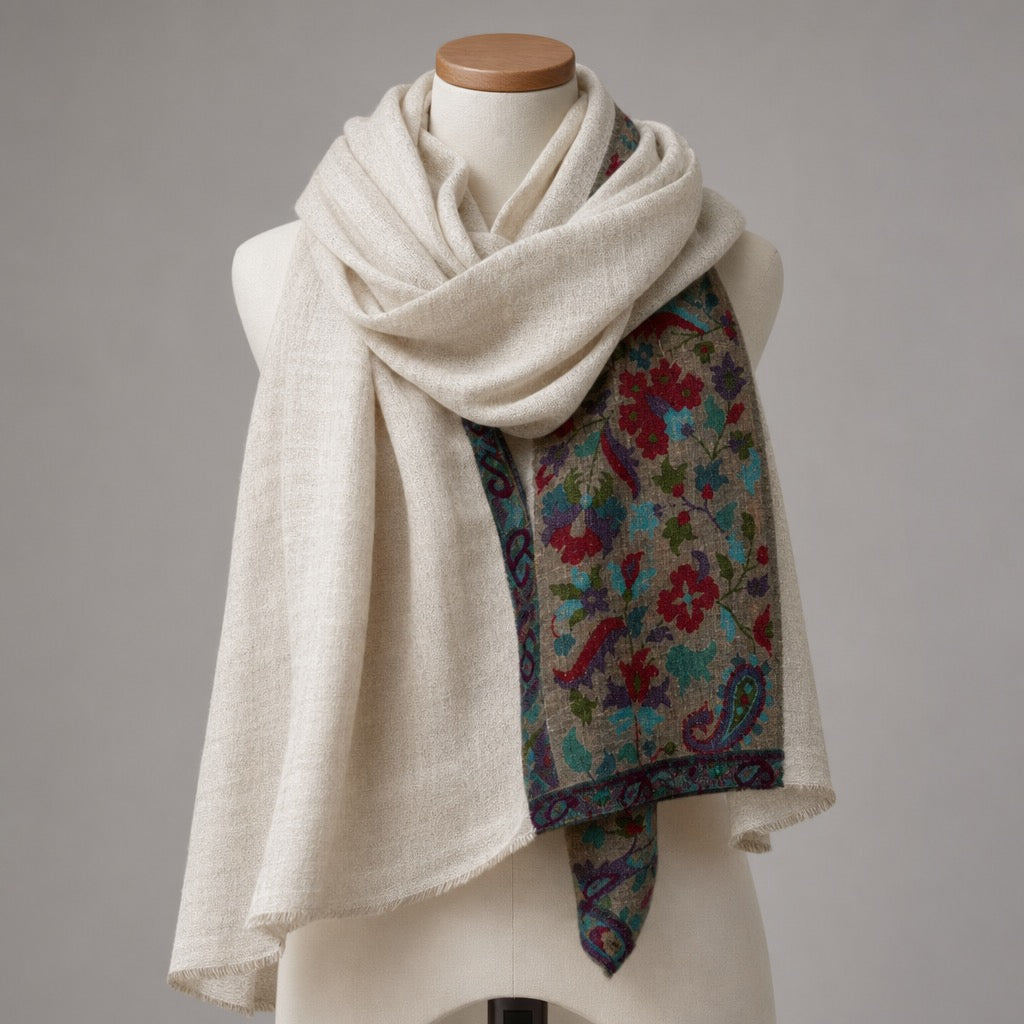 Fine Wool Palla — Ivory Floral Taupe — on mannequin
