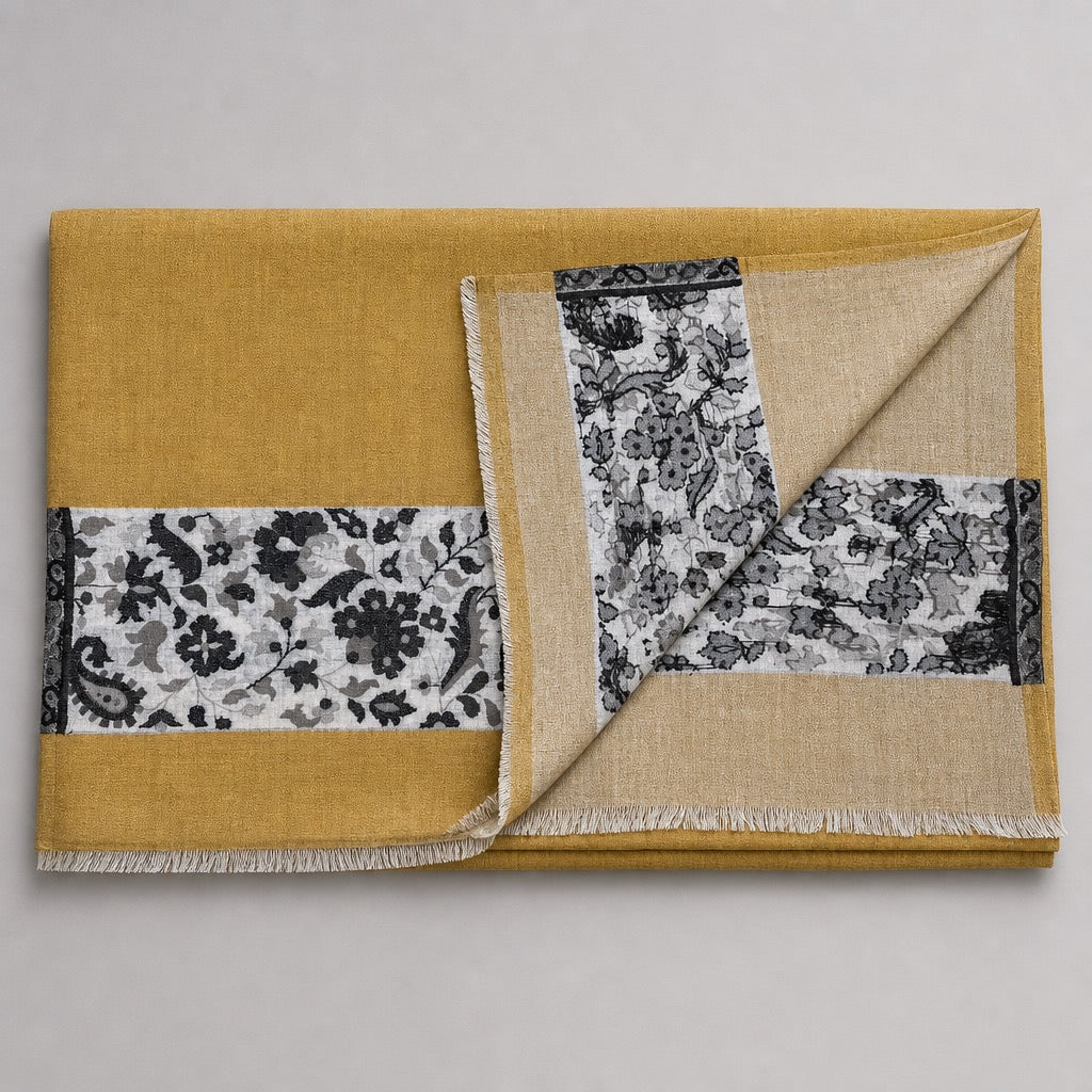 Fine Wool Palla — Mustard Grey Floral — folded