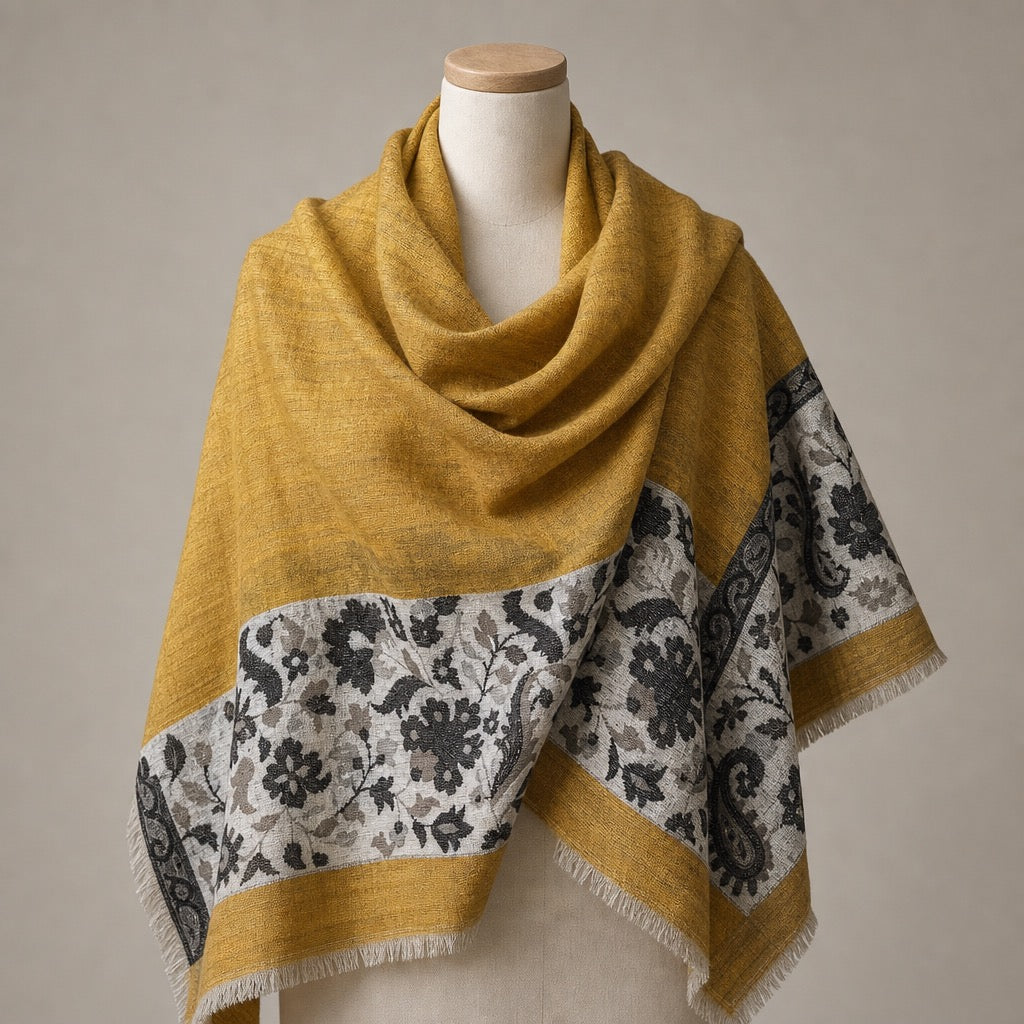 Fine Wool Palla — Mustard Grey Floral — on mannequin