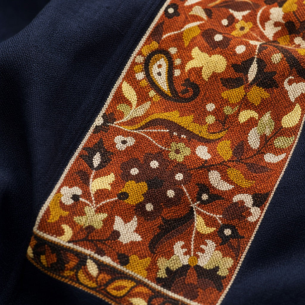 Fine Wool Palla — Navy Rust Floral — detail