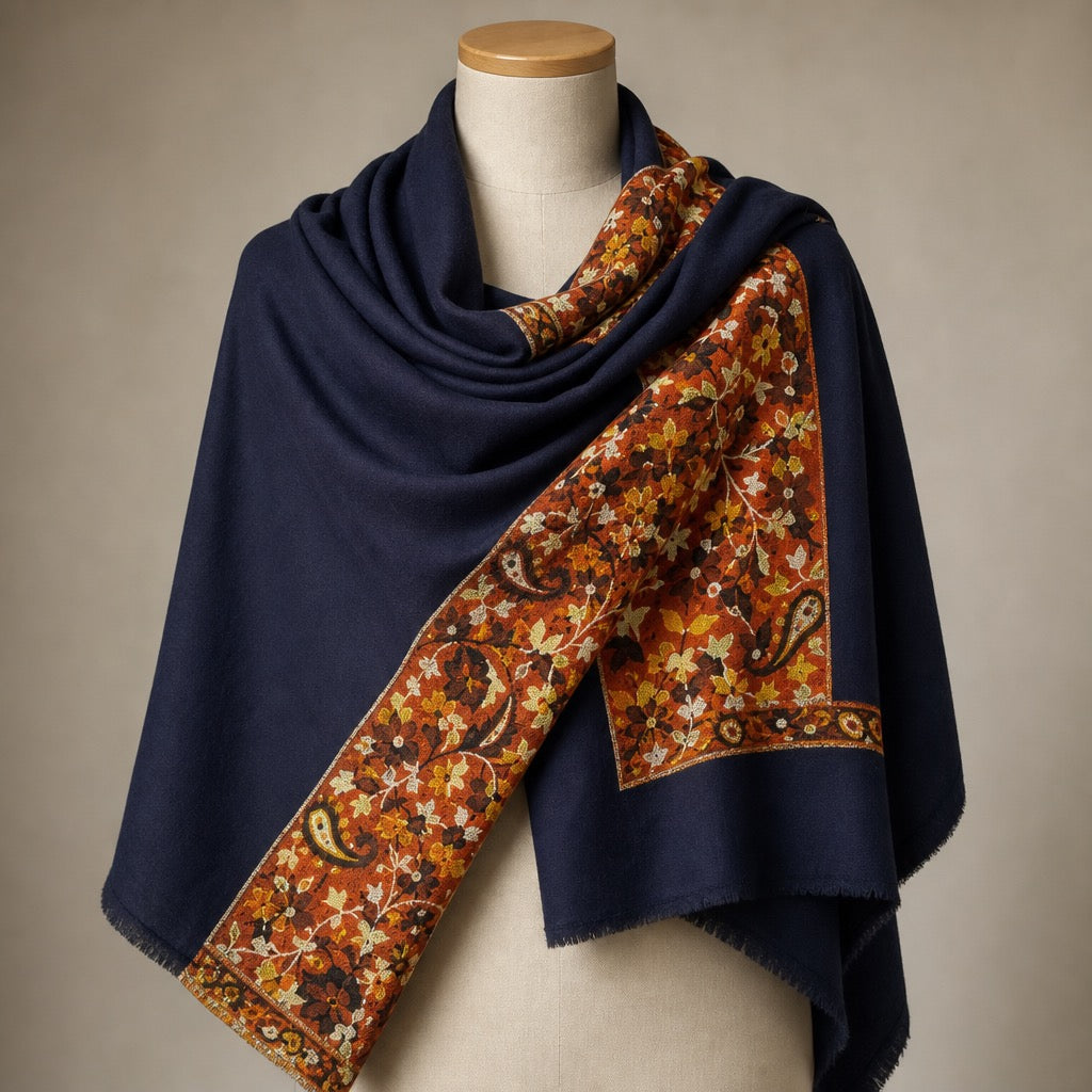 Fine Wool Palla — Navy Rust Floral — on mannequin