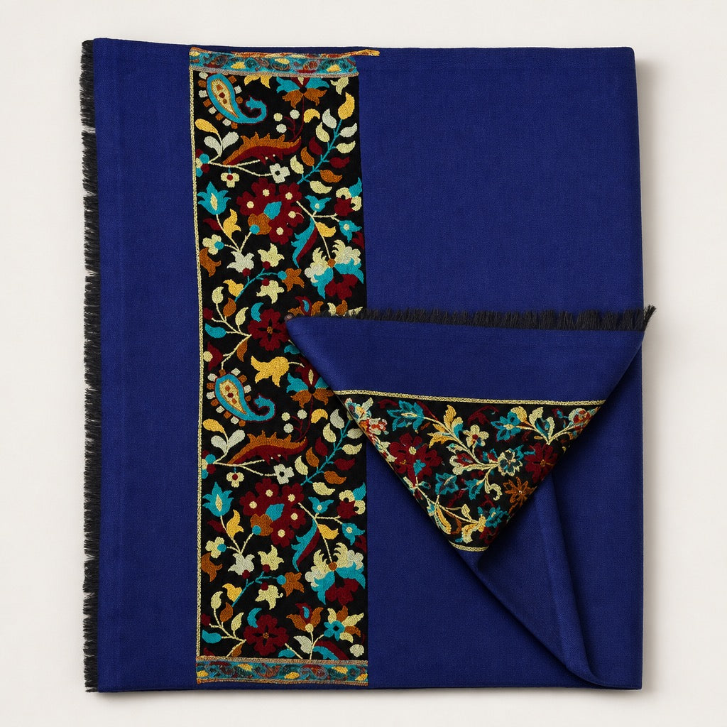 Fine Wool Palla — Navy Turquoise Paisley — folded