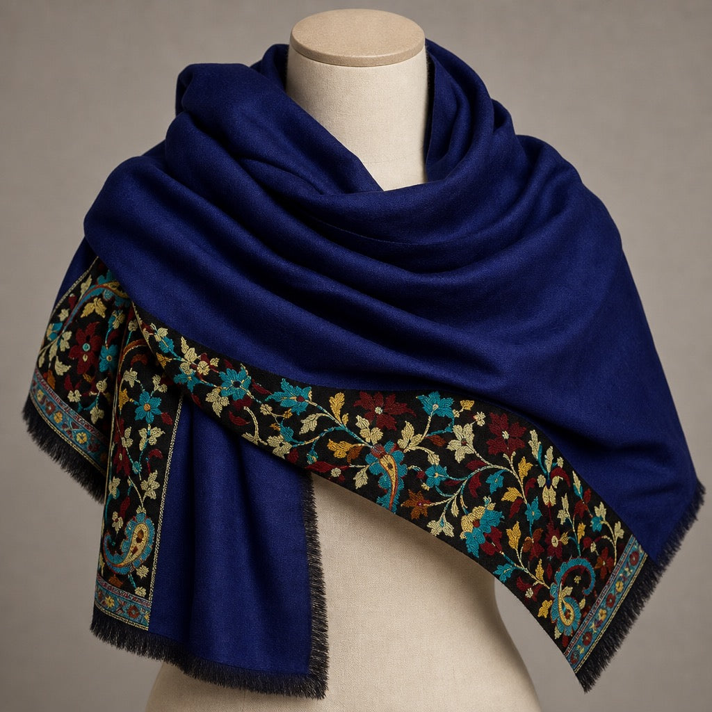 Fine Wool Palla — Navy Turquoise Paisley — on mannequin