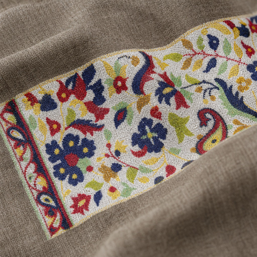 Fine Wool Palla — Taupe Floral Cream — detail