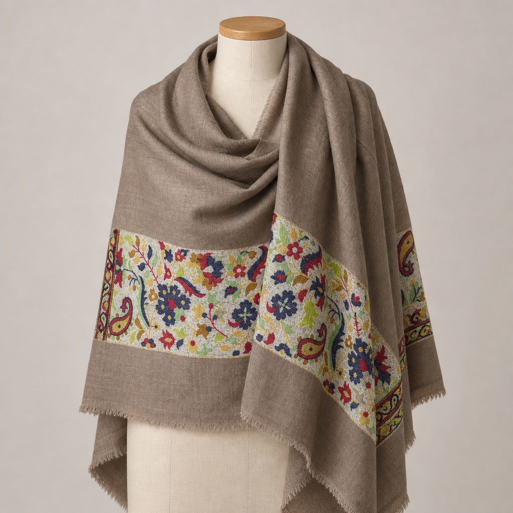 Fine Wool Palla — Taupe Floral Cream — on mannequin