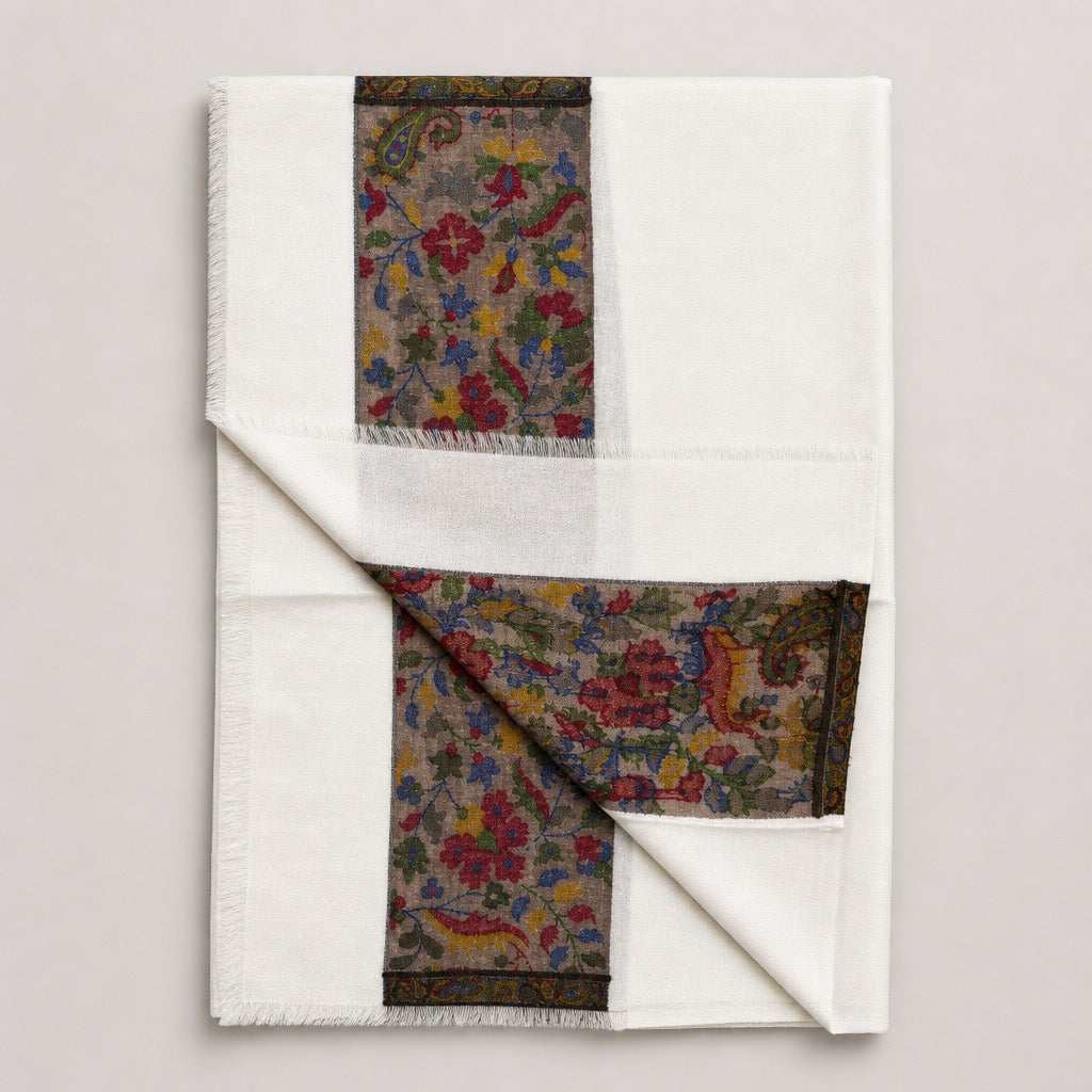 Fine Wool Palla — White Floral Taupe — folded