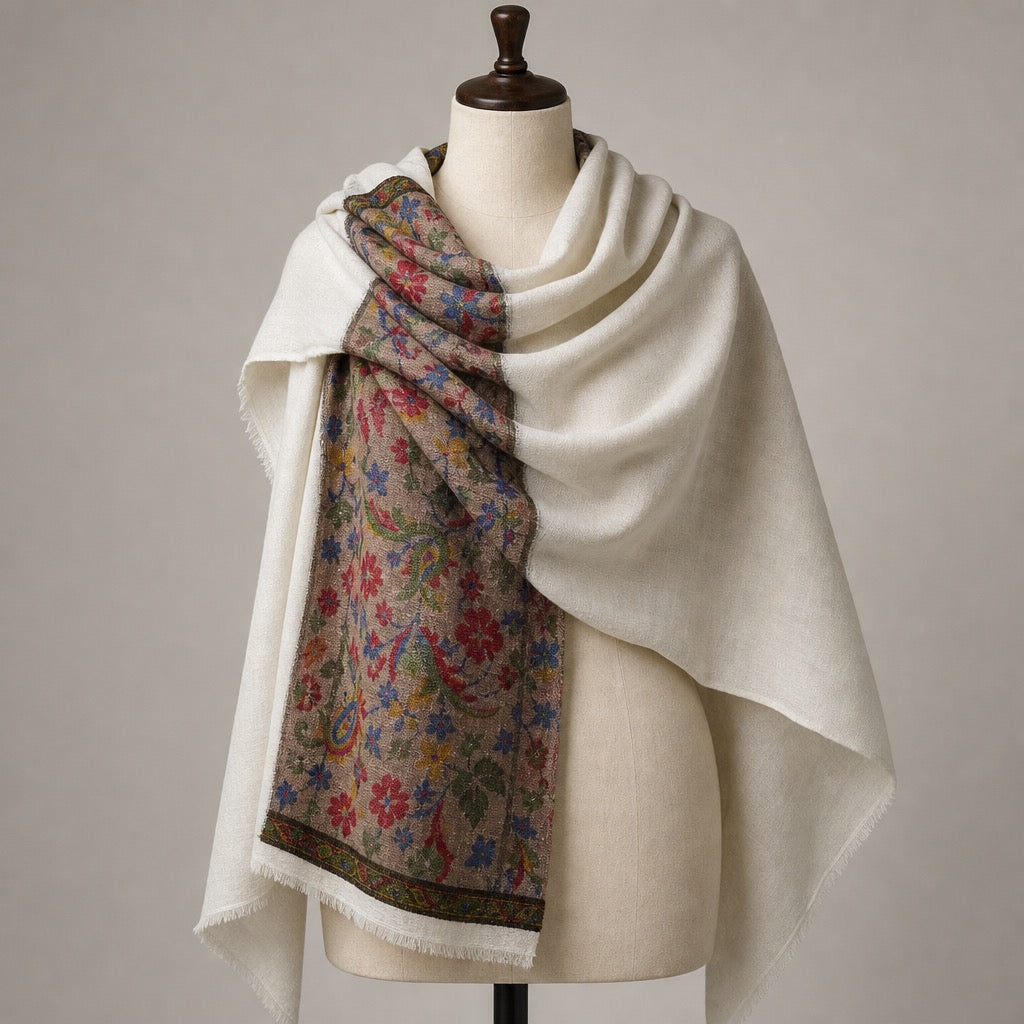Fine Wool Palla — White Floral Taupe — on mannequin