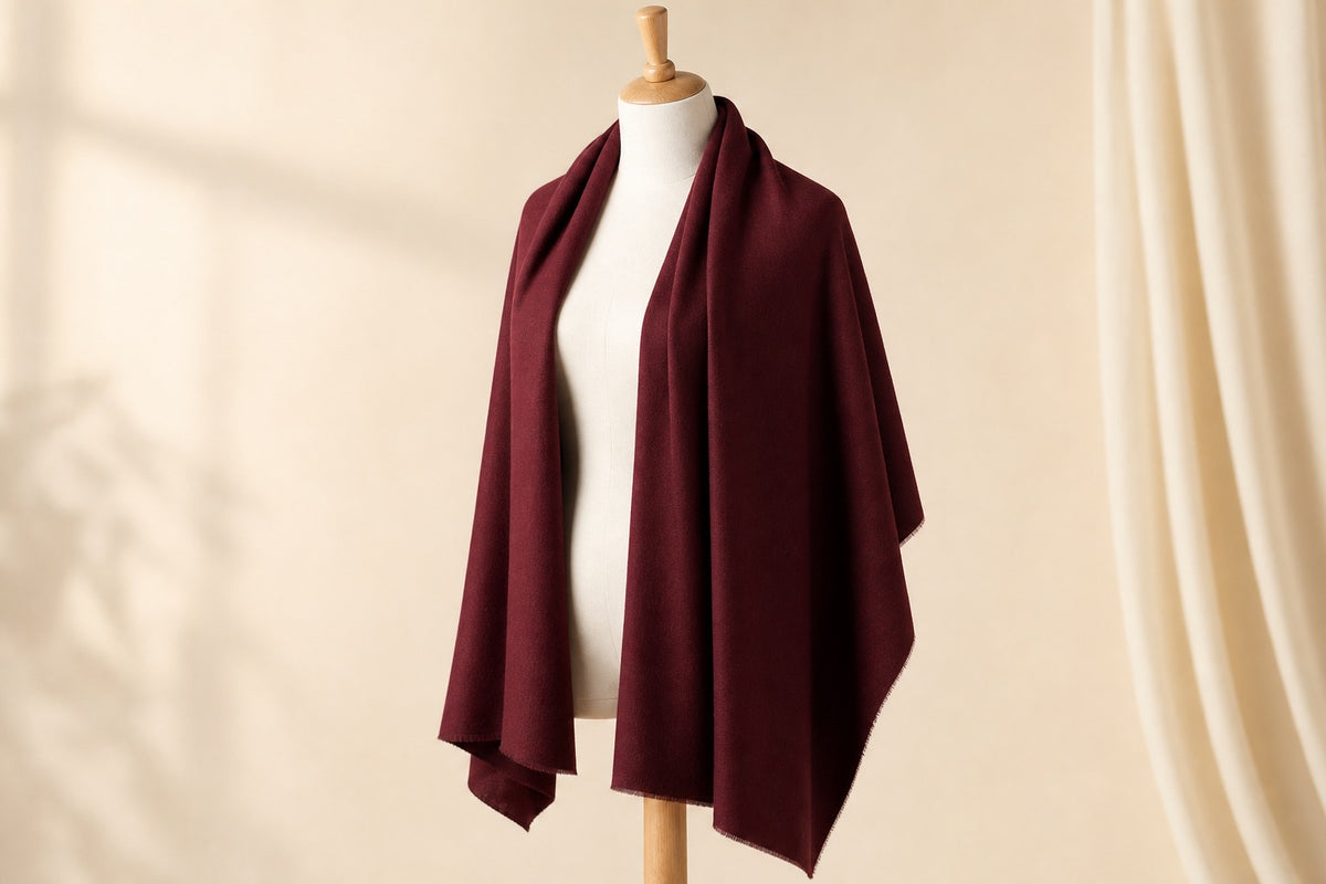 Fine Wool Solid Colour — Burgundy on mannequin