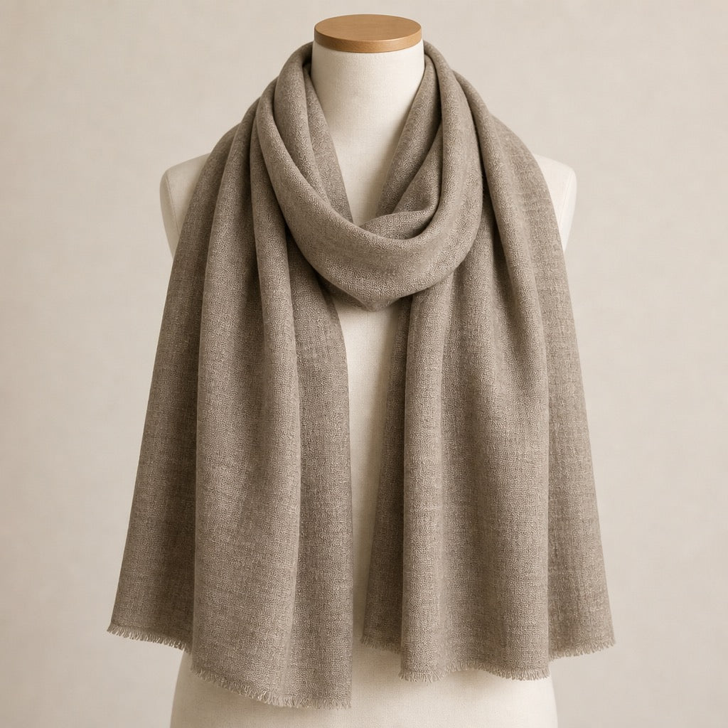 Fine Wool Solid Colour — Taupe — on mannequin