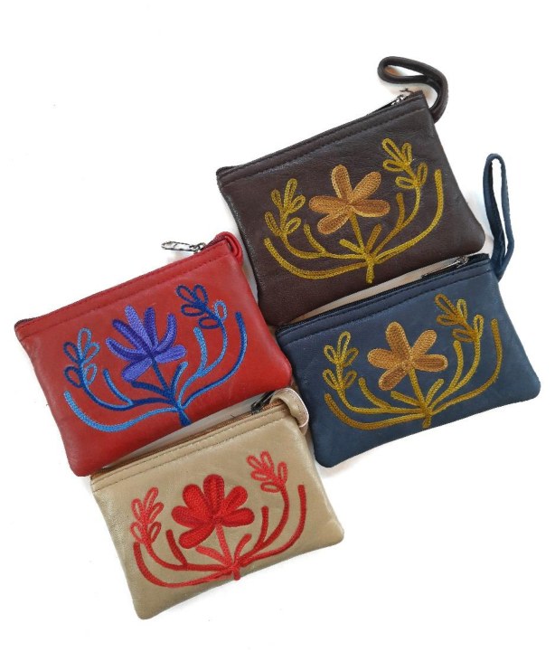 Leather Four Inch Zip Purse — Kashmiri embroidered leather