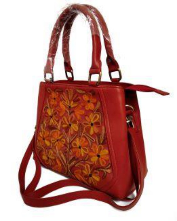 Leather Peach Bag — Kashmiri embroidered leather