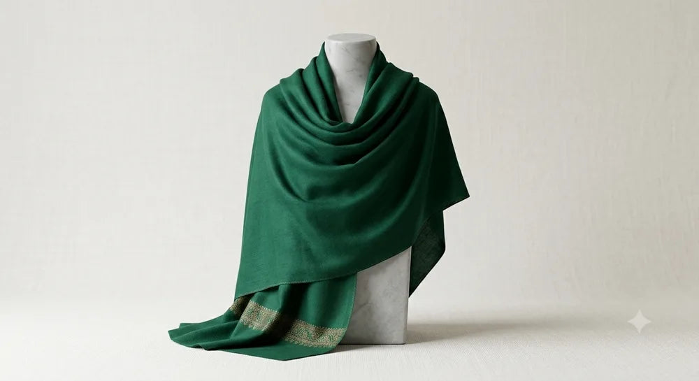 Hand-felted emerald green pashmina wrap on display