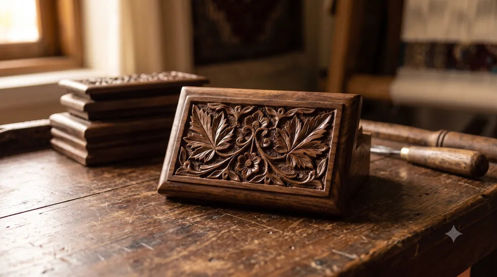 Hand-carved wooden keepsake box with fine detail